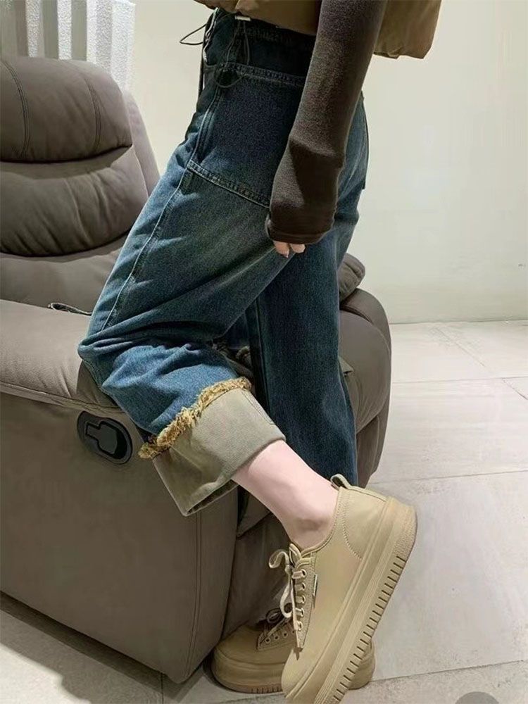 卷邊直筒牛仔褲女秋冬大碼寬鬆梨形身材顯瘦復古高腰抽繩闊腿褲