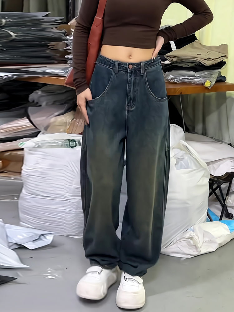 美式高街休閒牛仔褲女秋冬款寬鬆水洗懷舊藍色潮牌復古垂感直筒褲