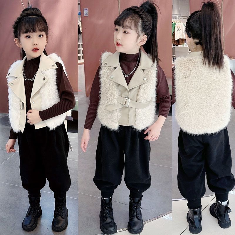 女童秋冬皮毛馬甲加絨套裝2023新款炸街小女孩潮流洋氣網紅皮草冬
