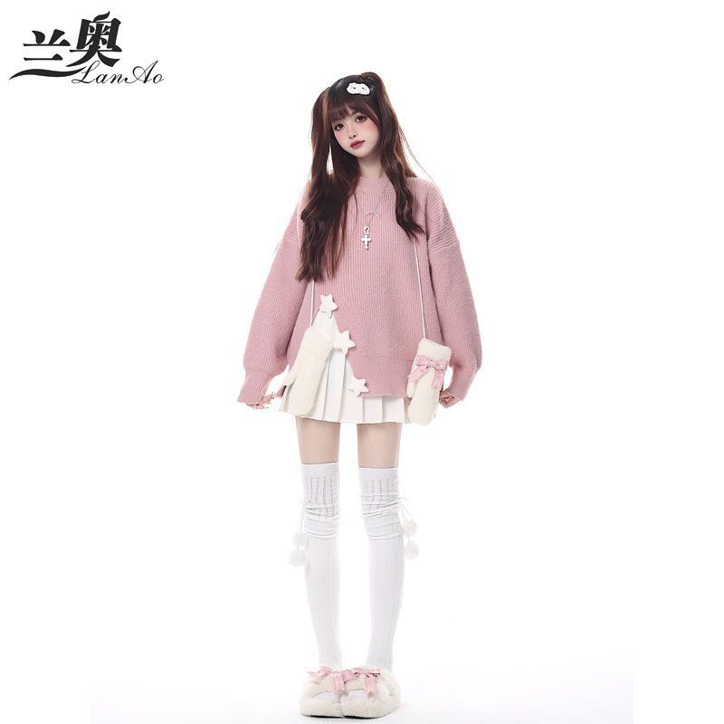 2023新款秋冬少女針織星星裝飾純色圓領外穿毛衣女