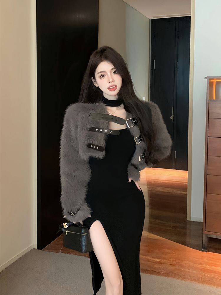 【品牌LALADUDU】胖mm性感包臀連衣裙女秋純欲風修身顯瘦毛絨外套
