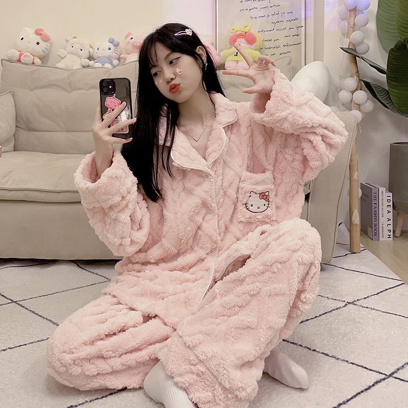 珊瑚絨睡衣女秋冬季加厚加絨學生可愛2023年新款法蘭絨家居服套裝