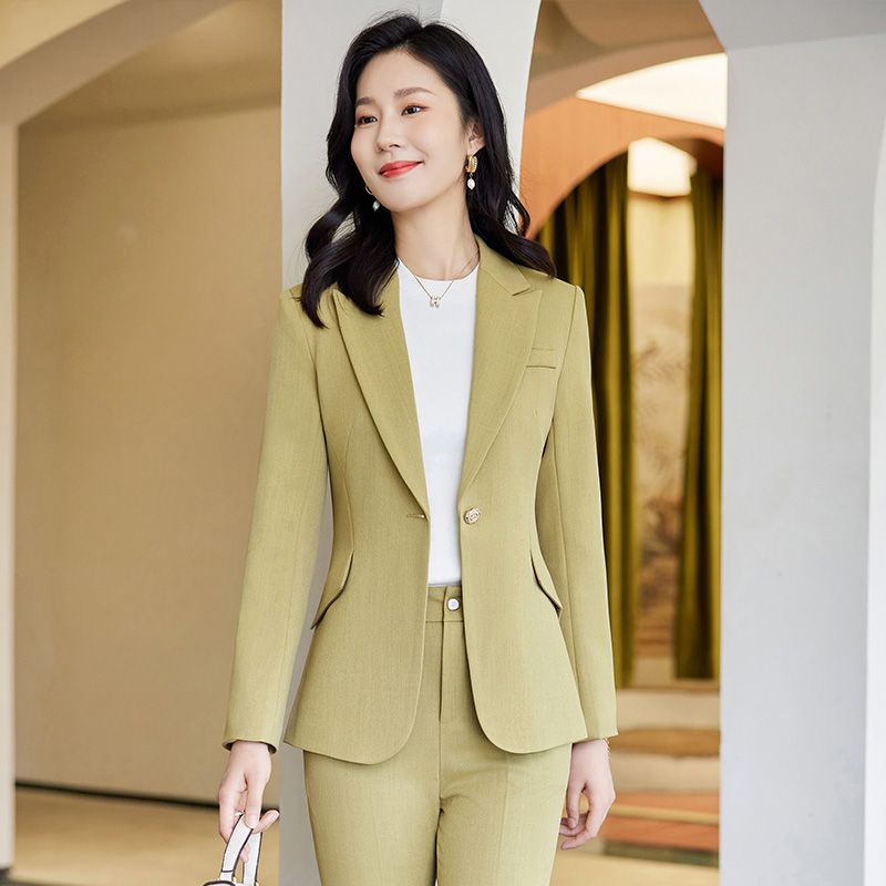 果綠色西裝套裝秋冬2023新款時尚正裝職業氣質女神范休閒西服外套