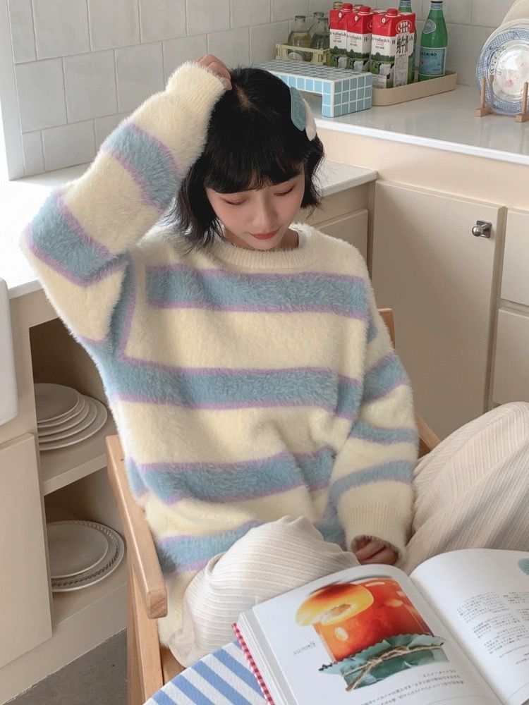 MINETTE清新條紋仿水貂絨毛衣女寬鬆慵懶軟糯奶系針織衫上衣女秋