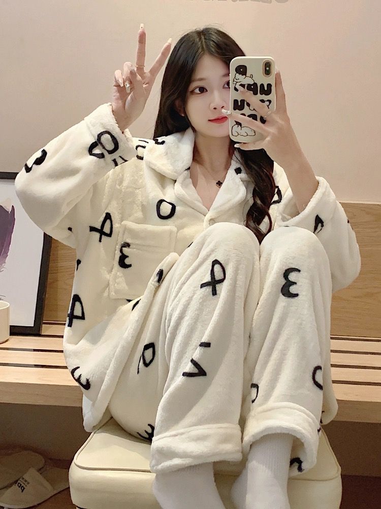 新款珊瑚絨睡衣女套裝秋冬款加厚加絨睡衣女學生新款法蘭絨家居服
