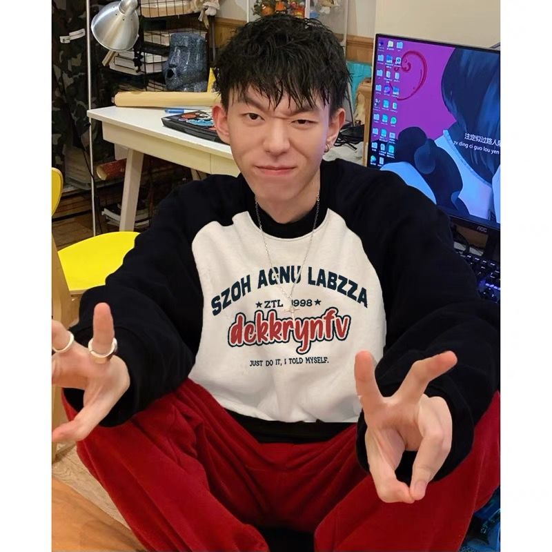 阿美咔嘰街頭風黑白拼接長袖T恤男秋季ins潮牌印花純棉插肩打底衫
