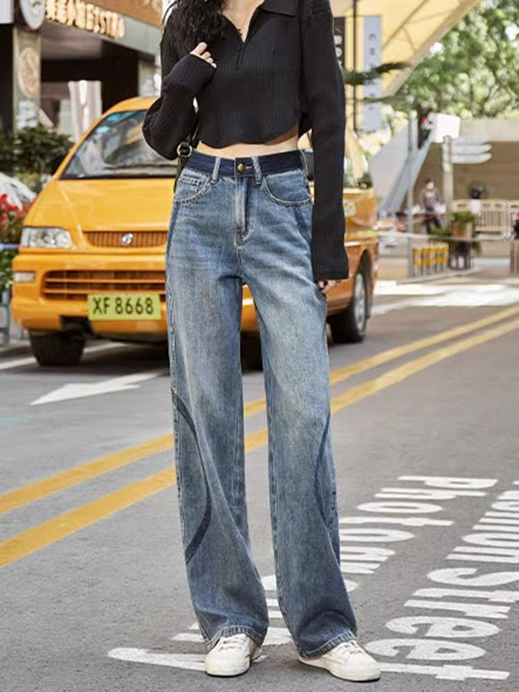 直筒闊腿牛仔褲女2023年秋冬新款小眾設計感顯瘦撞色拖地褲