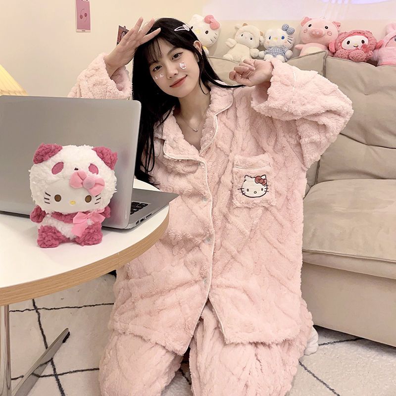 珊瑚絨睡衣女秋冬季加絨加厚長袖網紅款學生可愛法蘭絨家居服套裝