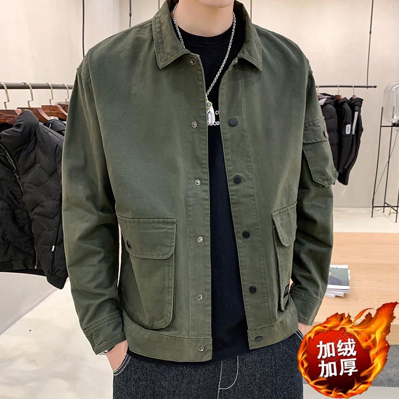 男士加絨加厚休閒衣服春秋外套男冬季韓版潮流工裝夾克男2023新款