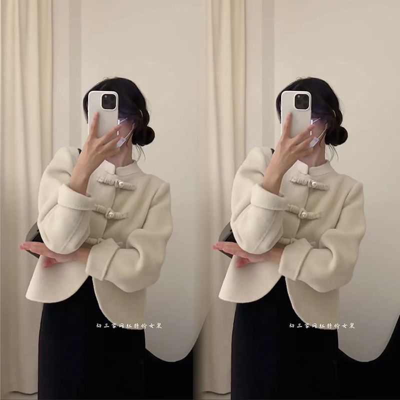 新中式女裝國風盤扣呢子大衣秋冬今年流行漂亮小個子白色毛呢外套