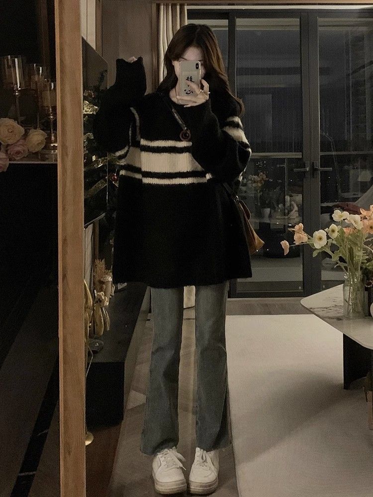 黑白條紋毛衣女寬鬆外穿慵懶風百搭顯瘦秋冬新款針織衫上衣長袖潮