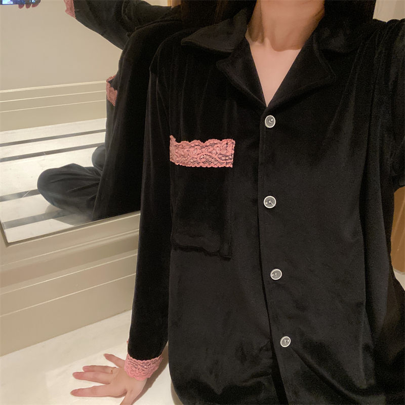 睡衣女士ins風開衫秋冬季海島絨長袖蕾絲高級感可外穿家居服套裝