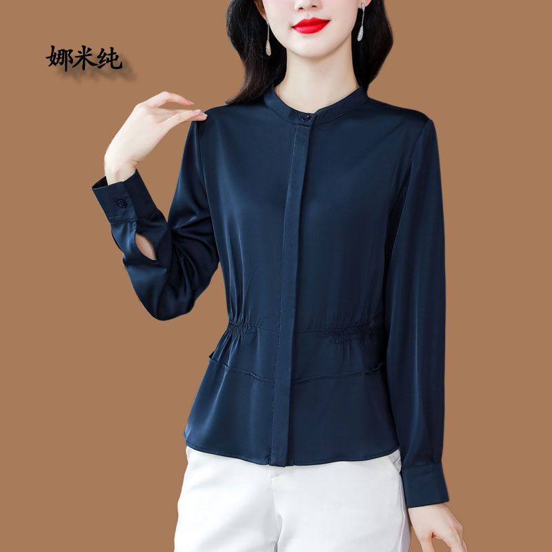 小立領真絲襯衫女2023秋季新款時尚氣質斜紋收腰顯瘦長袖開衫上衣