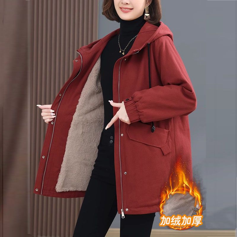 中老年女装保暖外套2023新款冬季大码棉衣加绒加厚派克服连帽外套
