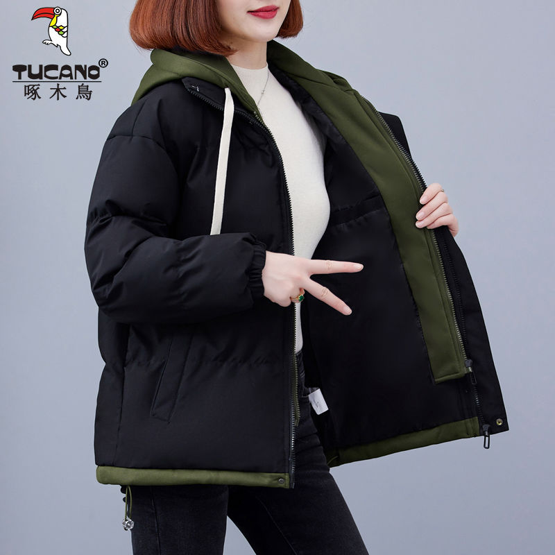 啄木鳥假兩件保暖棉衣小眾免洗時尚爆款時髦撞色連帽防風麵包服女