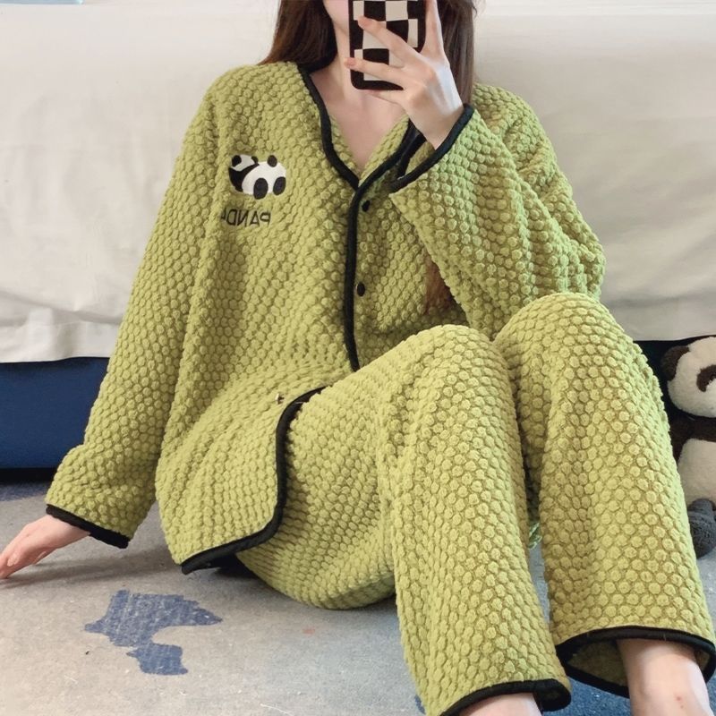 ins風珊瑚絨睡衣女款秋冬季卡通開衫加厚法蘭絨家居服套裝可外穿