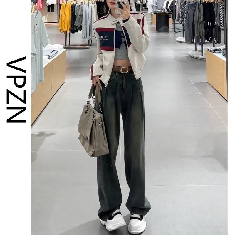 復古水泥灰闊腿牛仔褲女秋季新款高腰寬鬆顯瘦百搭直筒拖地褲子潮