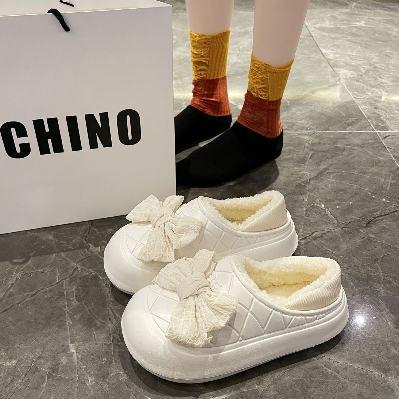 Bow cotton slippers for women in winter, indoor and outdoor thick soles, waterproof, non-slip, plus velvet, warm bags and cotton shoes for women
