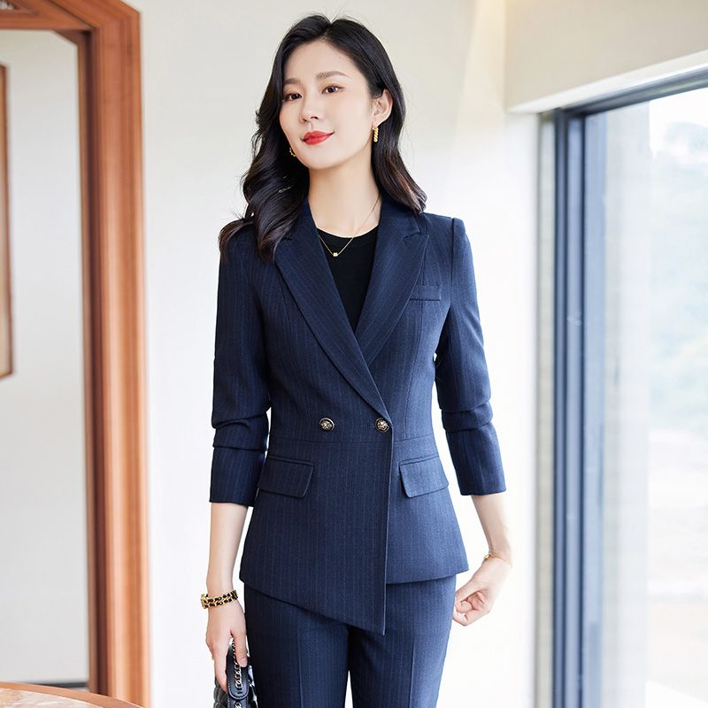 條紋西裝套裝女秋冬高端職業裝氣質女神范面試正裝酒店經理工作服
