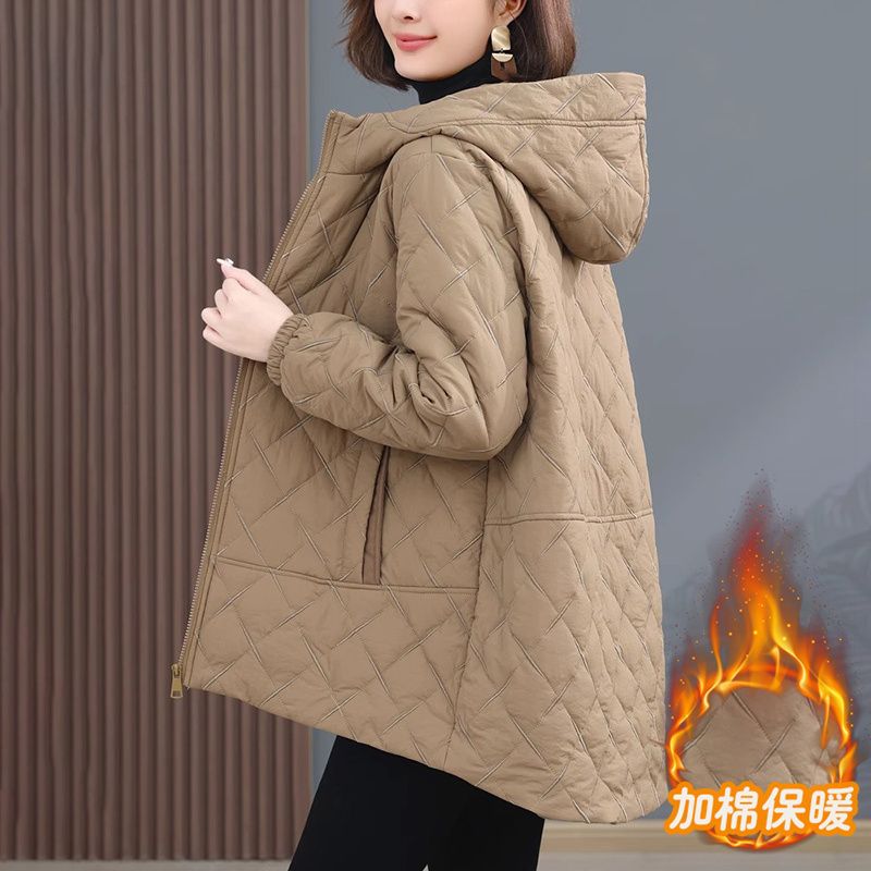 韩版菱格棉衣外套女2023新款冬季大码棉衣保暖连帽妈妈装棉袄外套