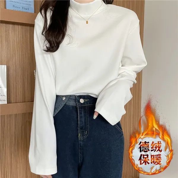 白色德絨打底衫女內搭秋冬新款半高領寬鬆純色長袖t恤女春秋上衣