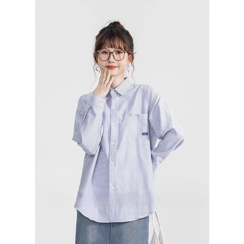 2023春季新款長袖藍色條紋襯衫女疊穿寬鬆襯衣別致通勤休閒上衣潮