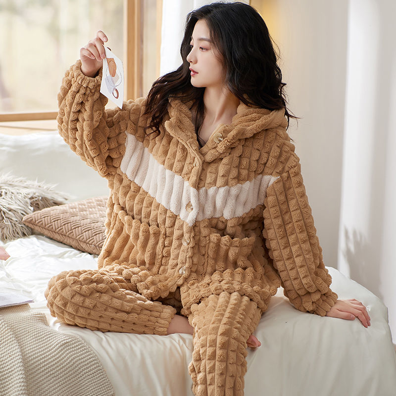 連帽可愛外穿高檔睡衣女士秋冬珊瑚絨加絨加厚家居服洋氣新款ins