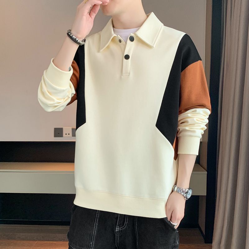 時尚拼接polo衫男士長袖t恤翻領上衣春秋外穿休閒青年體恤打底衫