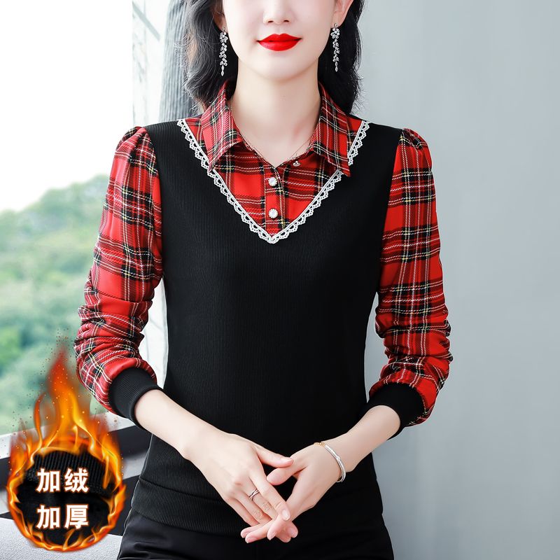 加絨加厚假兩件長袖打底衫女秋冬季新款寬鬆遮肚百搭洋氣小衫上衣