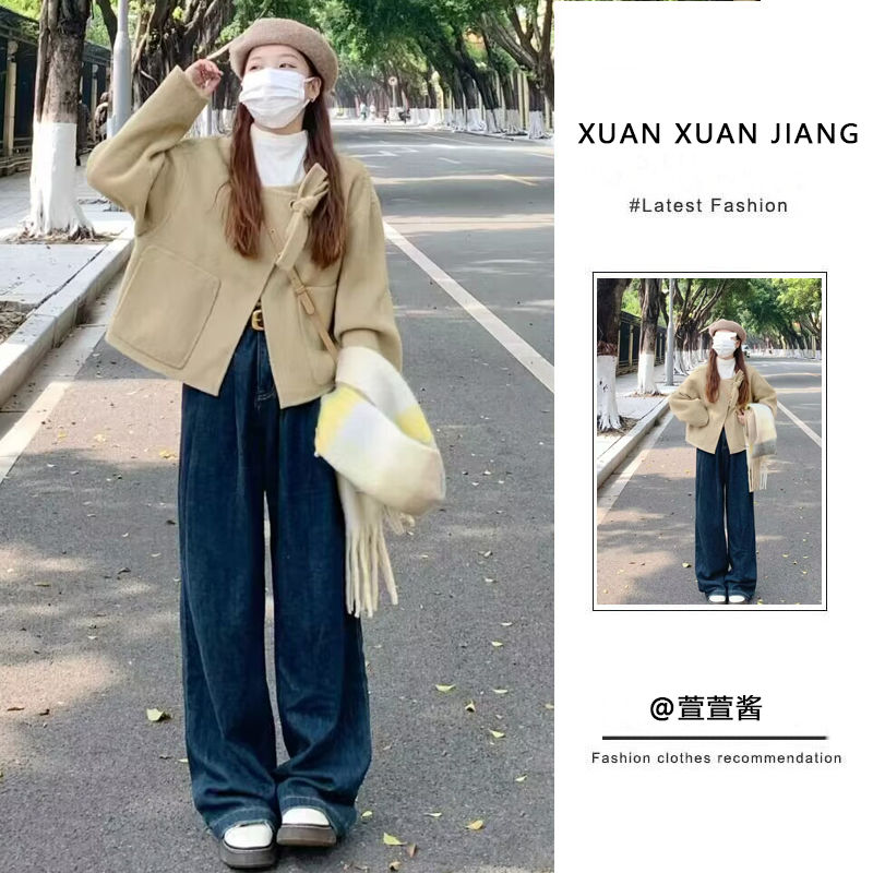 套裝女2023秋冬新款溫柔風韓系小個子毛呢外套高腰顯瘦牛仔闊腿褲