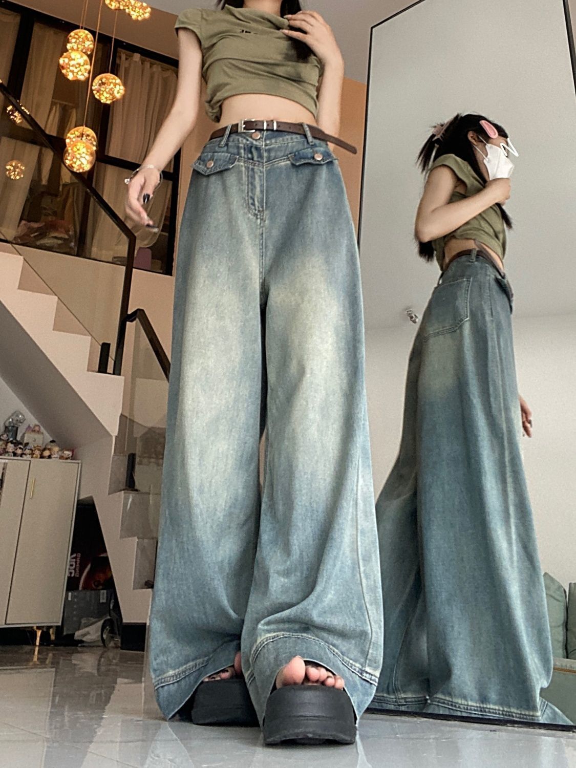 復古水洗垂感闊腿牛仔褲女秋季高腰直筒褲顯瘦寬鬆拖地長褲ins潮