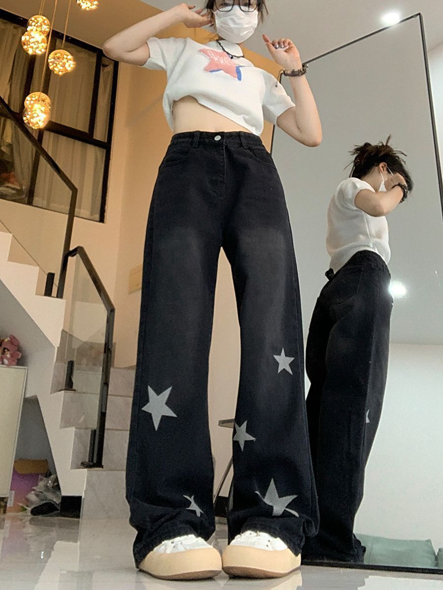 牛仔褲2023新款女潮ins星星顯瘦高腰闊腿褲寬鬆直筒黑色秋冬褲子
