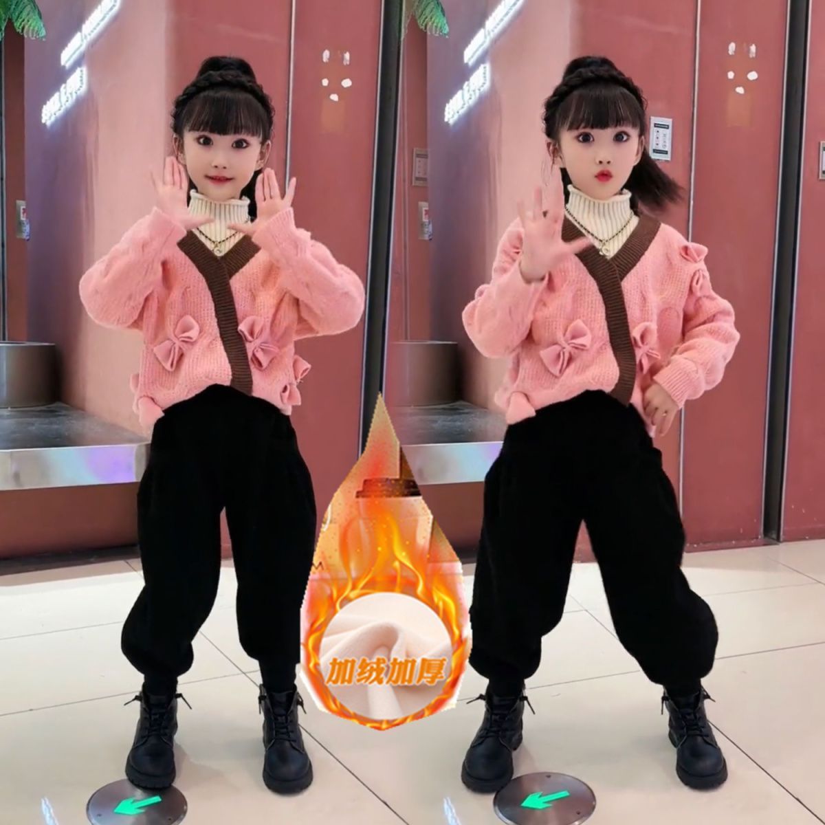女童秋冬裝兒童深秋季加厚新款韓版時髦蝴蝶結毛衣加絨蘿蔔褲套裝