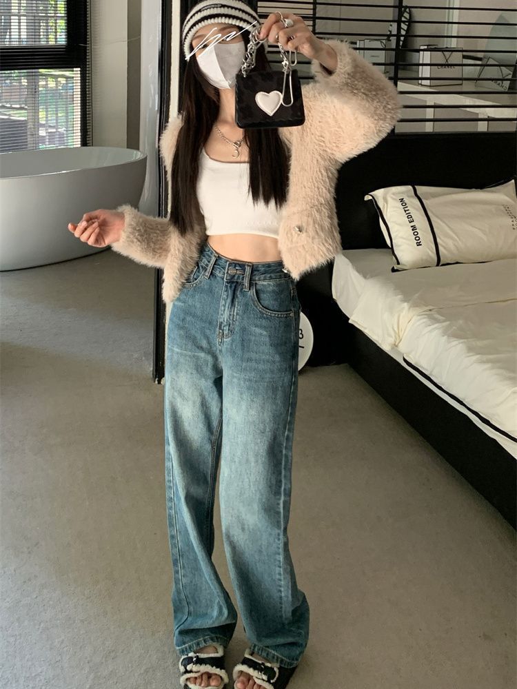 懷舊藍寬鬆直筒牛仔褲女2023新款拖地褲復古高腰顯瘦小個子闊腿褲