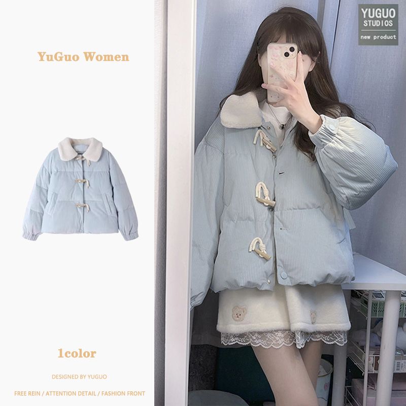 羊羔毛領外套女2023秋冬新款小個子牛角扣baby藍棉服寬鬆保暖棉襖