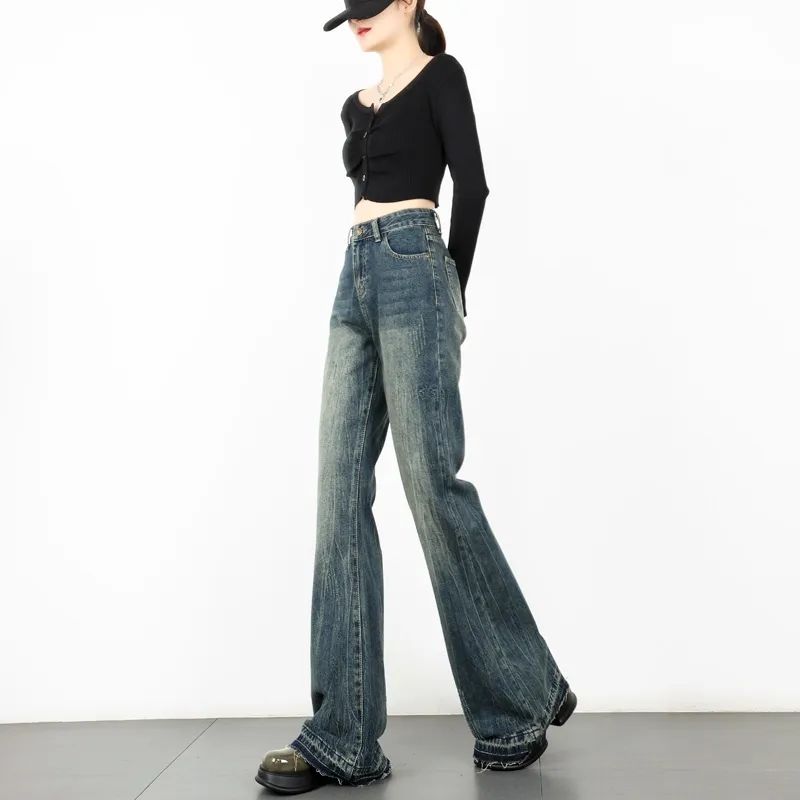 美式复古显瘦微喇叭牛仔裤女冬季新款宽松撞色毛边垂感拖地阔腿裤
