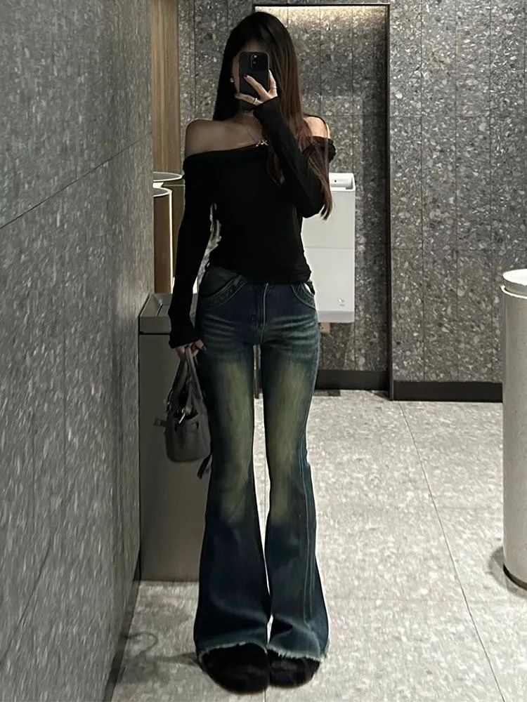 美式復古高腰微喇叭牛仔褲女秋季新款毛邊修身顯瘦馬蹄拖地長褲