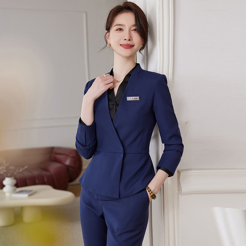 高端職業裝西裝套裝女2023新款美容院氣質工作服正裝無領西服外套