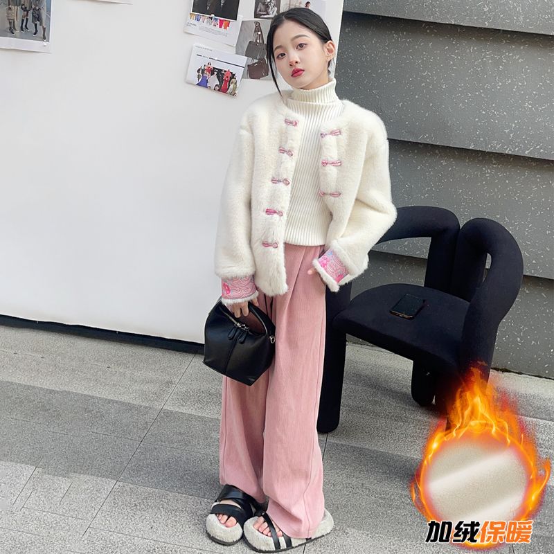 女童秋冬裝2023新款女大童加絨加厚新中式國潮風盤扣毛毛外套褲子