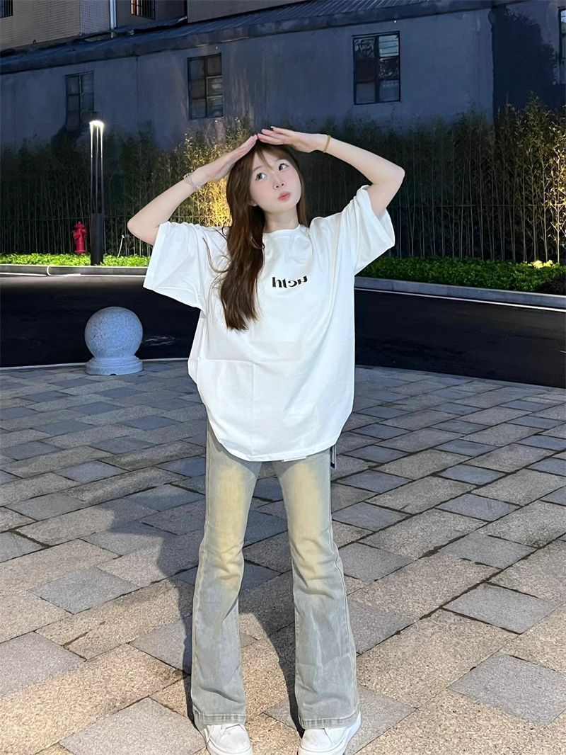 小個子高腰牛仔褲女2023年秋冬新款高街百搭修身顯瘦微喇叭長褲子