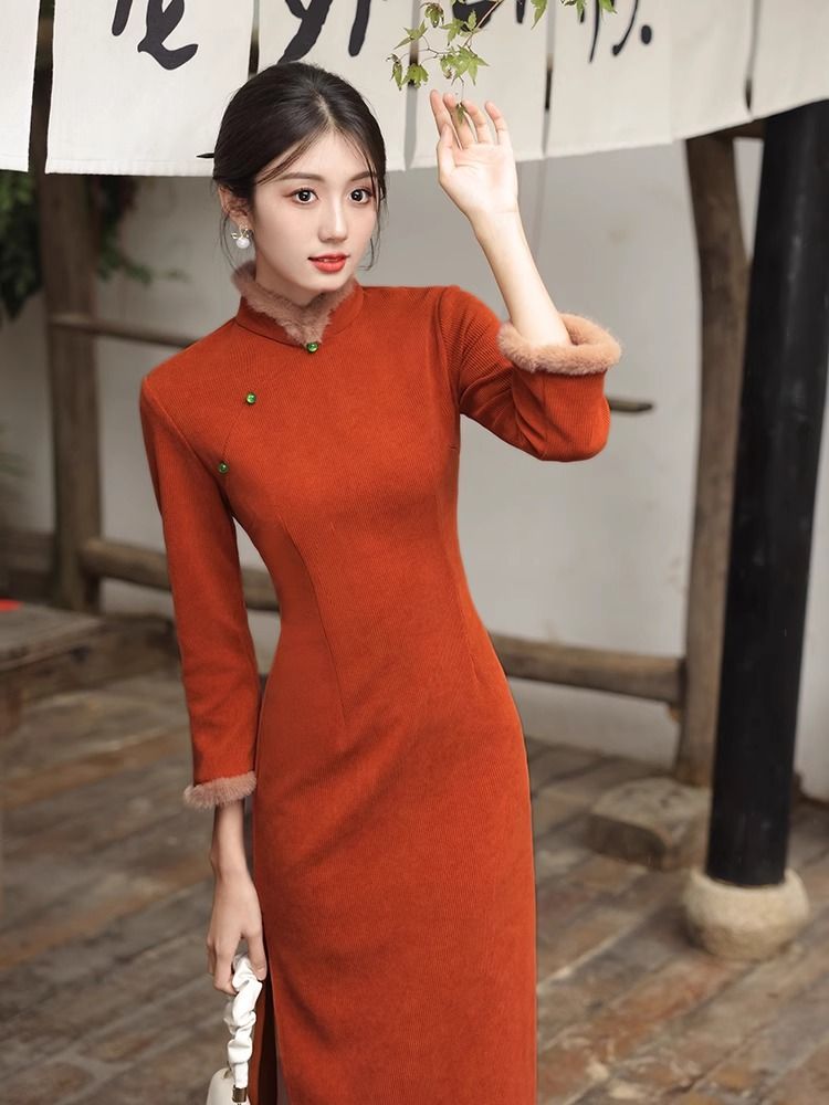 改良版旗袍女2023年新款長袖秋冬季新中式國風加厚毛呢年輕款少女
