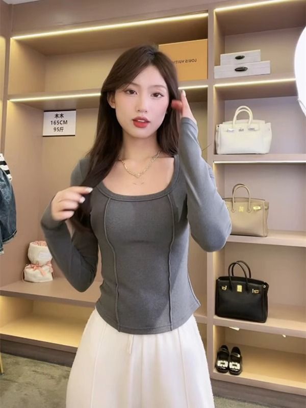 純欲風低圓領修身顯瘦長袖內搭上衣女秋冬小眾設計感U領T恤外穿