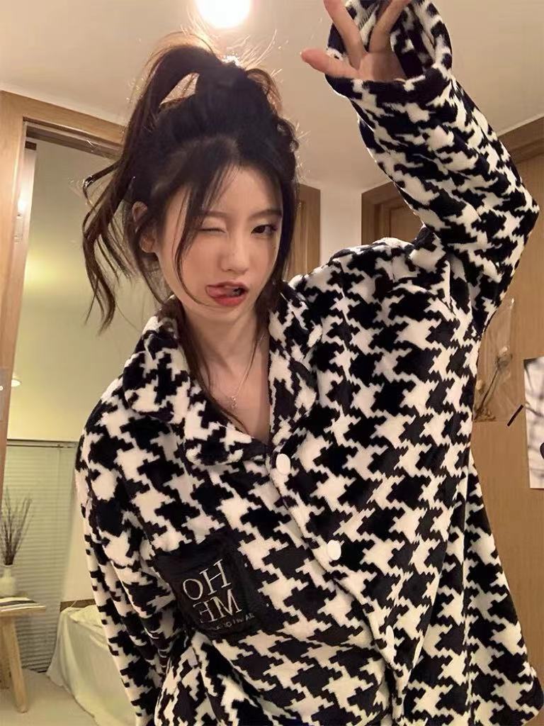 高級感加絨加厚珊瑚絨睡衣女秋冬季新款ins法蘭絨家居服保暖套裝
