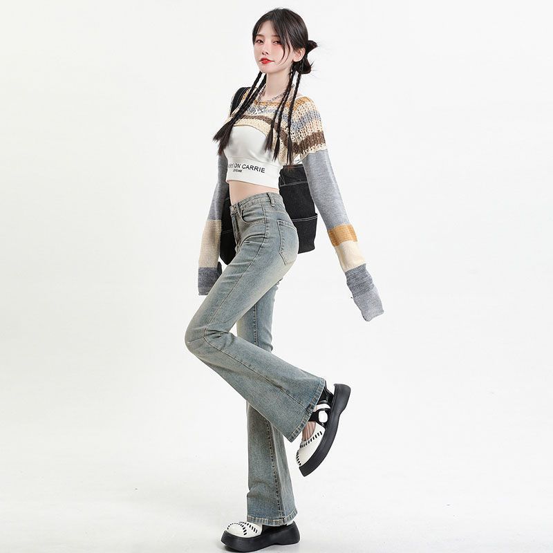 復古水洗做舊黃泥染高腰牛仔褲女秋冬小個子顯瘦修身微喇叭長褲子