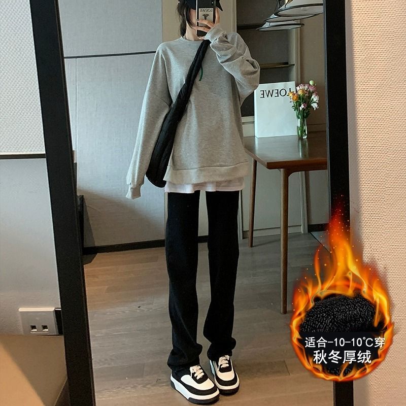 加絨直筒牛仔褲女窄版秋冬新款顯瘦高腰小個子黑色2023爆款煙管褲