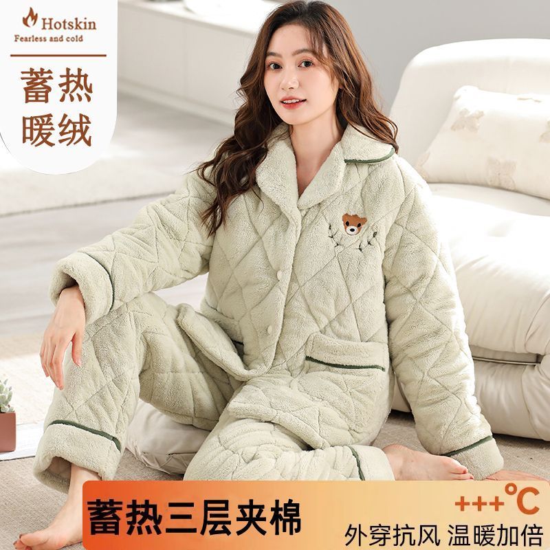 睡衣女秋冬季開衫三層加厚珊瑚絨夾棉襖加絨保暖法蘭絨家居服套裝