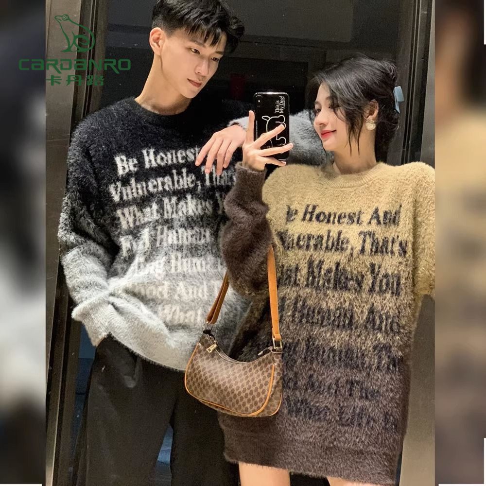 卡丹路美式復古美拉德漸變情侶毛衣秋冬款慵懶風馬海毛寬鬆針織衫