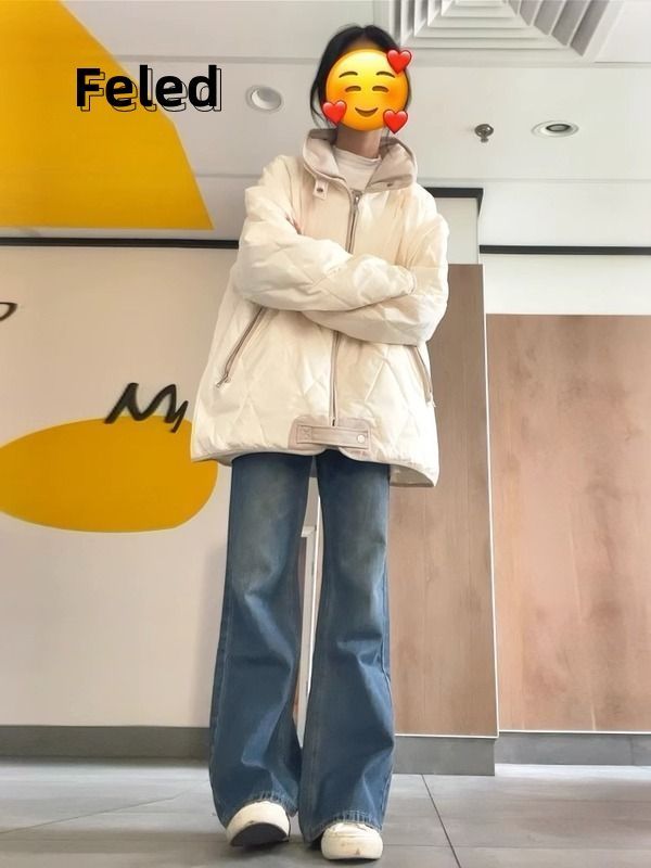 飛拉丹頓2023新款秋冬米白色夾棉學生菱格立領棉服女寬鬆百搭外套