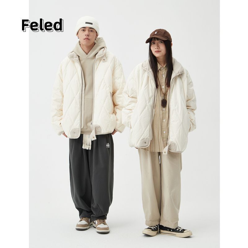 飛拉丹頓2023年冬季新款美式復古菱格棉服男女寬鬆情侶立領麵包服
