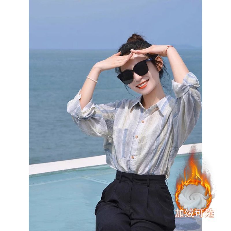法式小眾百搭寬鬆條紋襯衫女秋冬休閒加絨加厚長袖一體絨保暖上衣